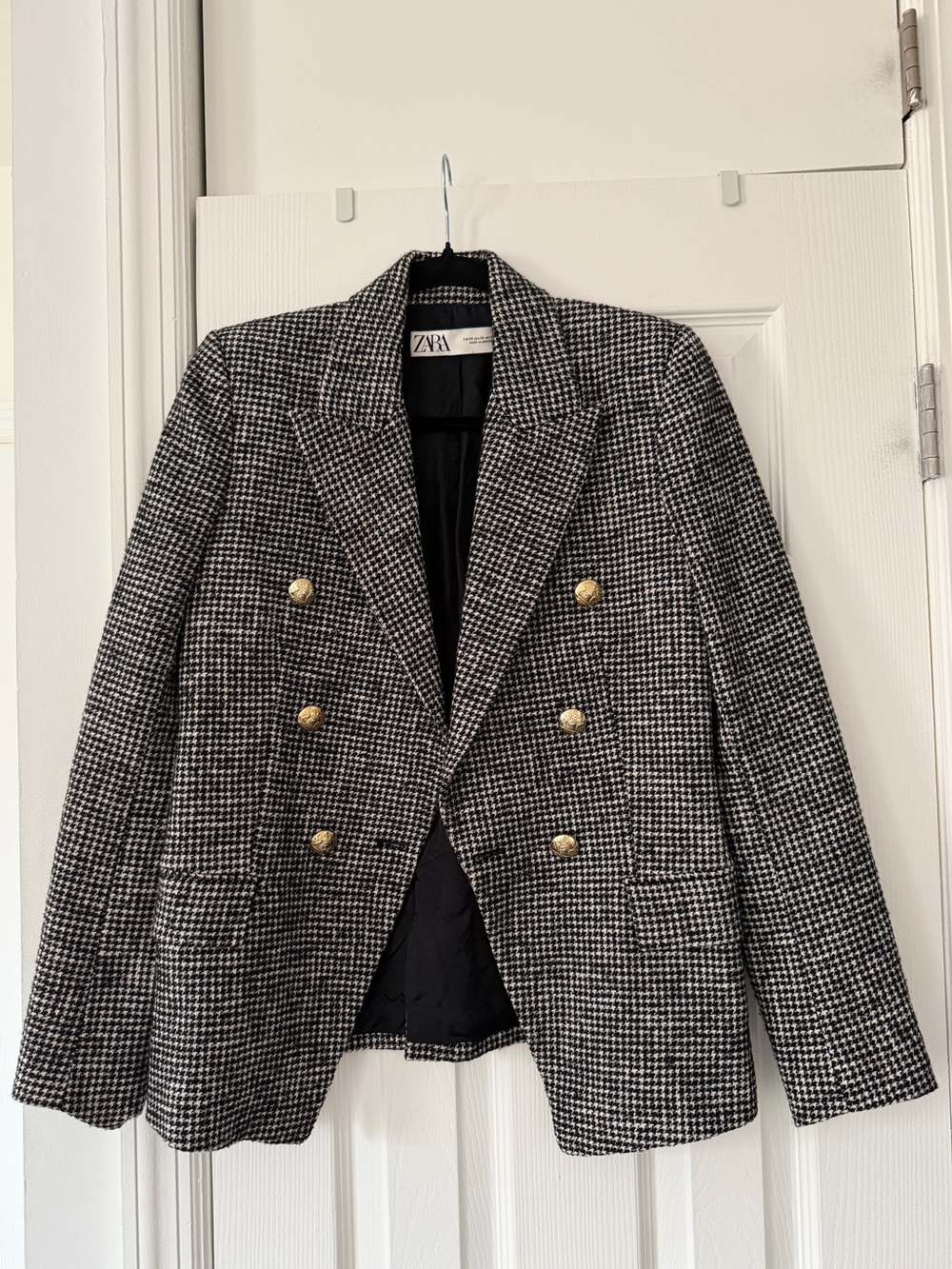 Zara Black & White Houndstooth Double-Breasted Pea Coat XS